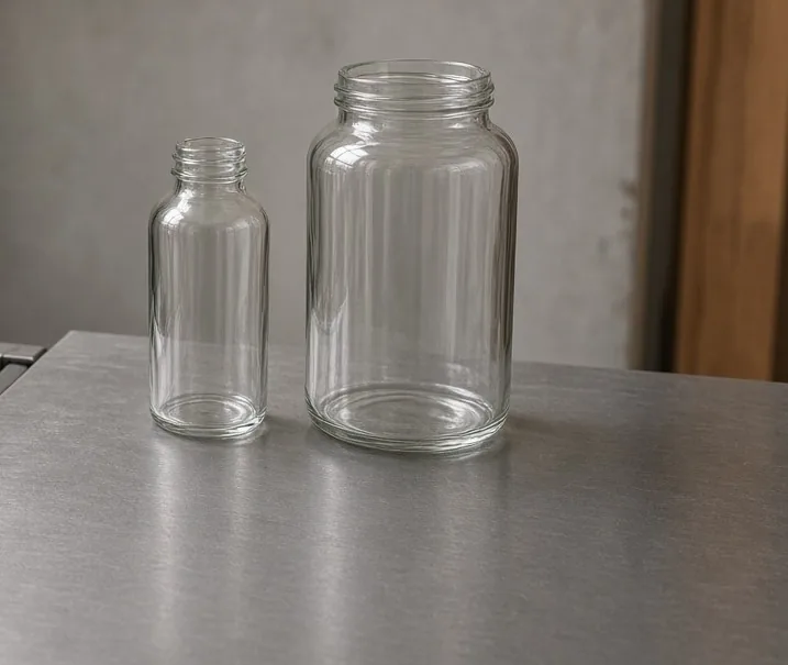 A small unlabeled glass bottle beside a larger unlabeled glass jar on a steel bench