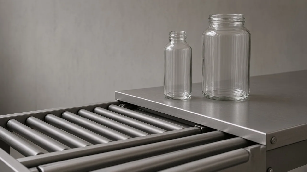 Side view of two unlabeled containers on a steel bench, with an empty roller conveyor in front
