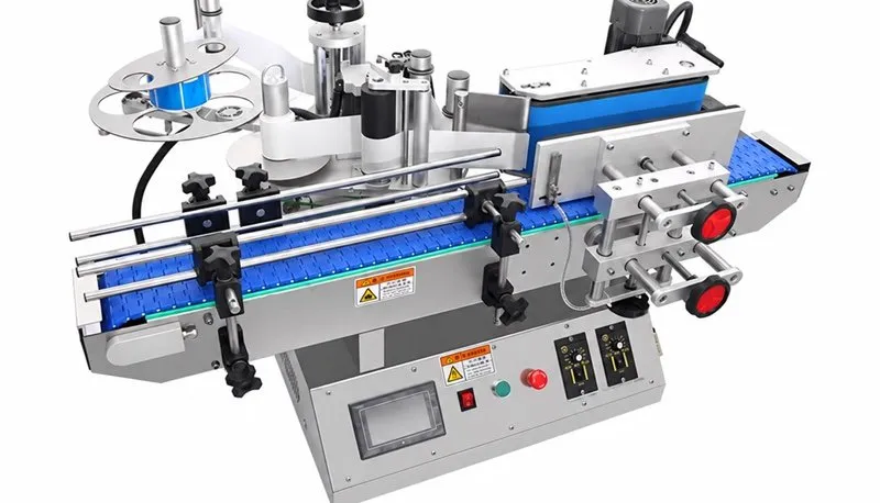 Tabletop round-bottle labeling machine with blue conveyor and touch panel
