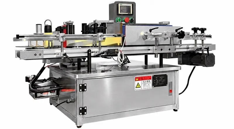 Tabletop labeling machine with conveyor and stainless cabinet