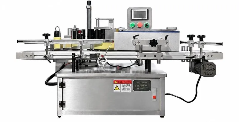 Tabletop wrap-around labeling machine with conveyor and control panel