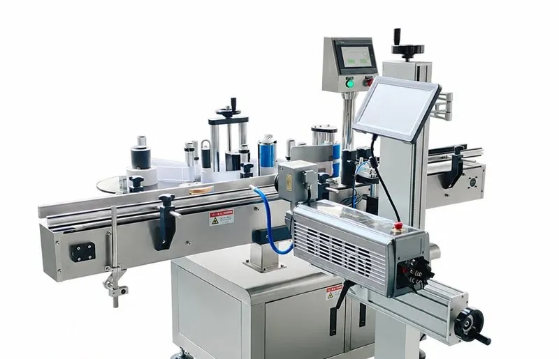 Wrap-around labeling machine with conveyor, coder and touchscreen