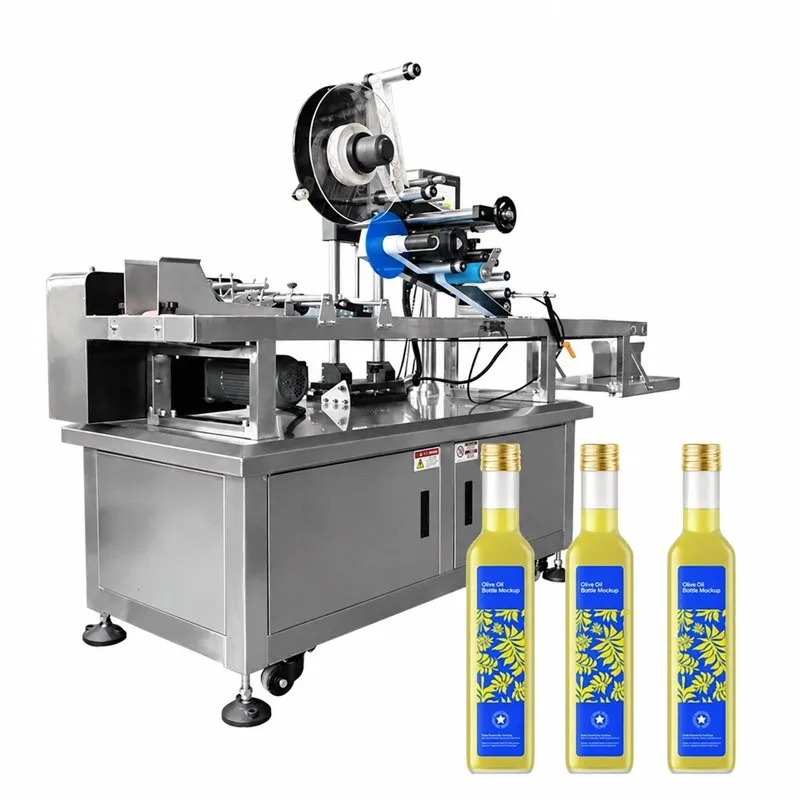 Flat-surface labeling machine with label reel and conveyor, olive-oil bottles in front